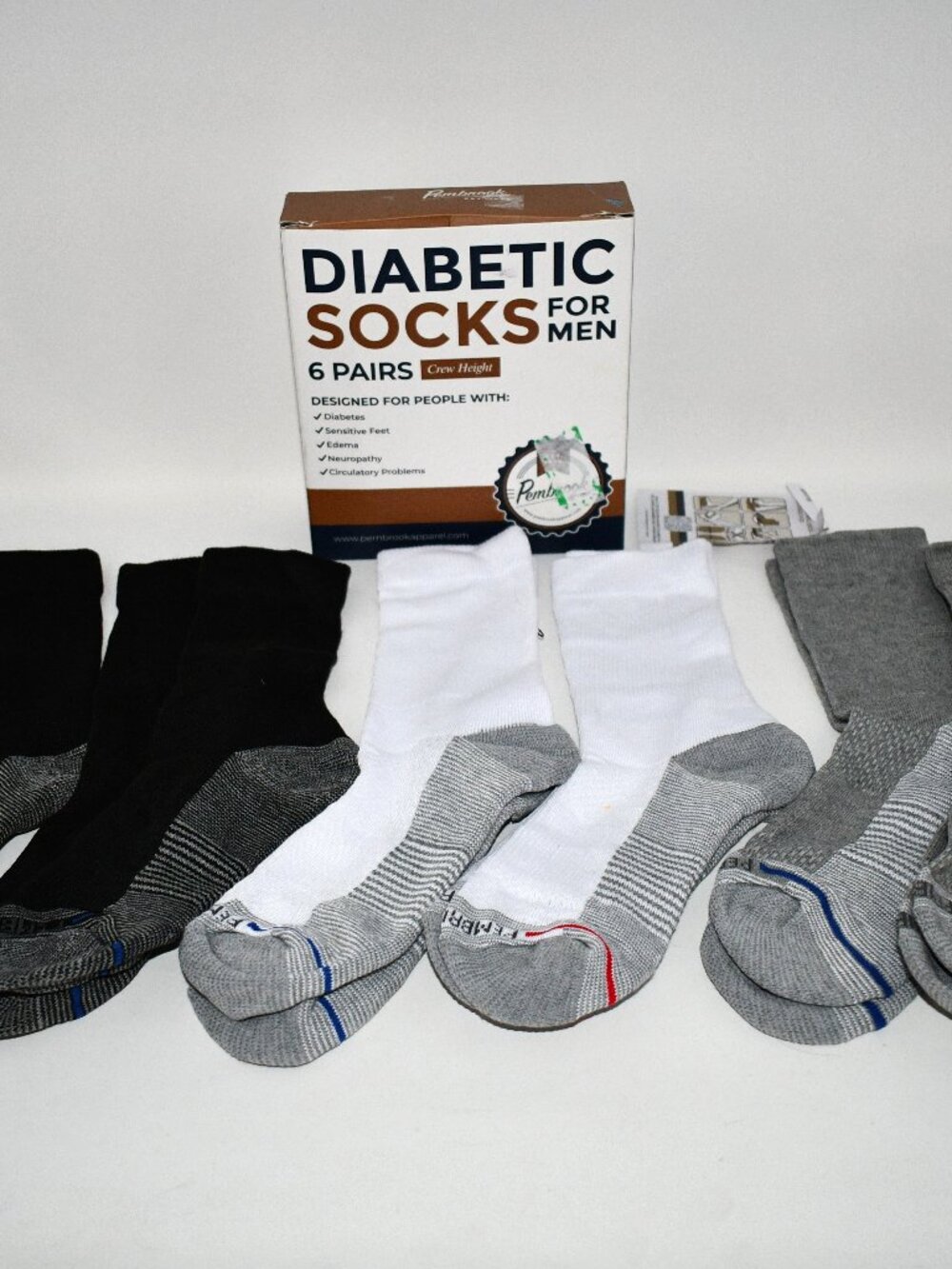 Pembrook Men’s Diabetic Socks, 6 Pairs, Non Binding Crew Socks, Large, NWT